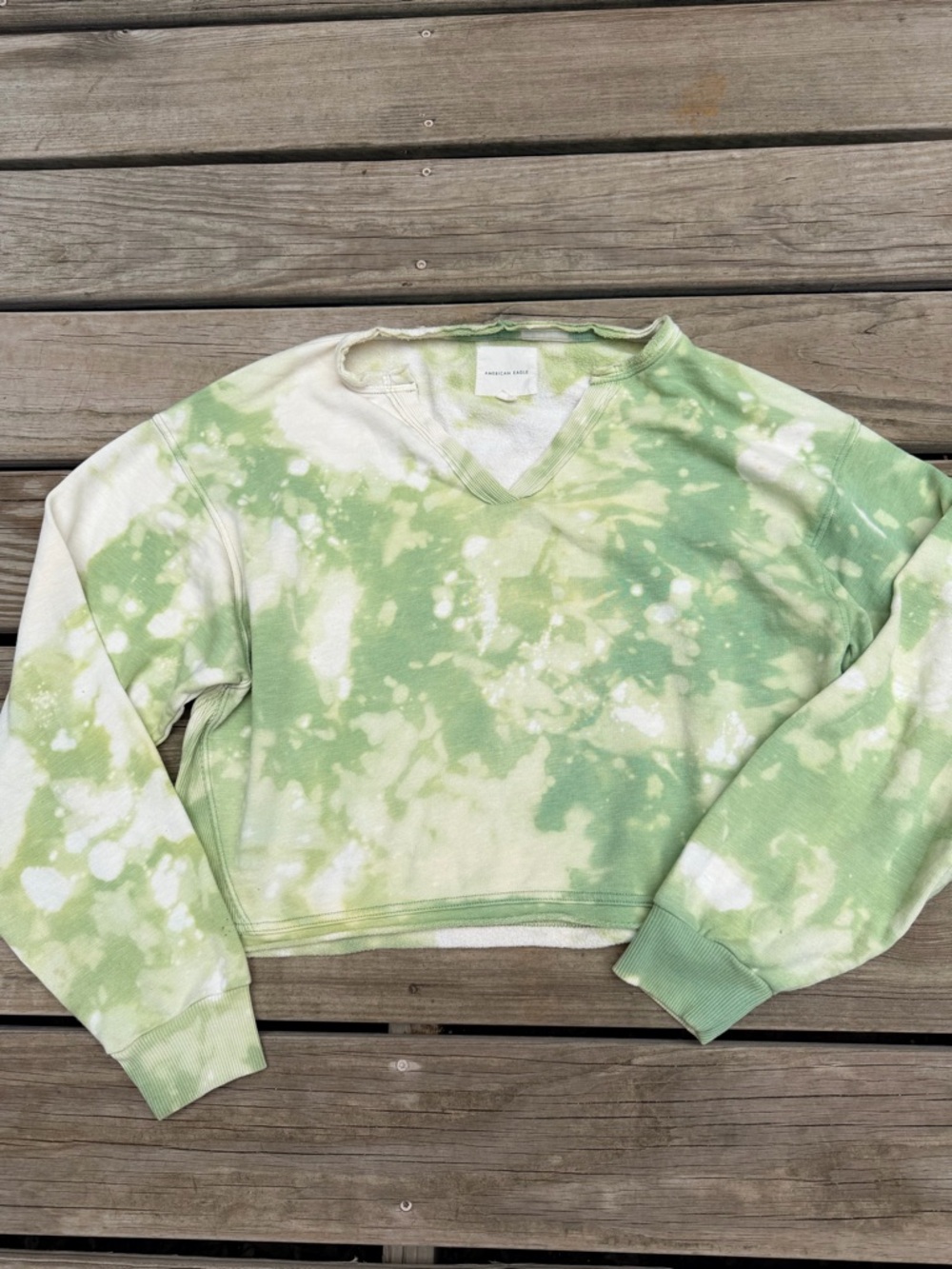 American Eagle Outfitters Light Green & White Tie-Dye V-Neck Sweatshirt